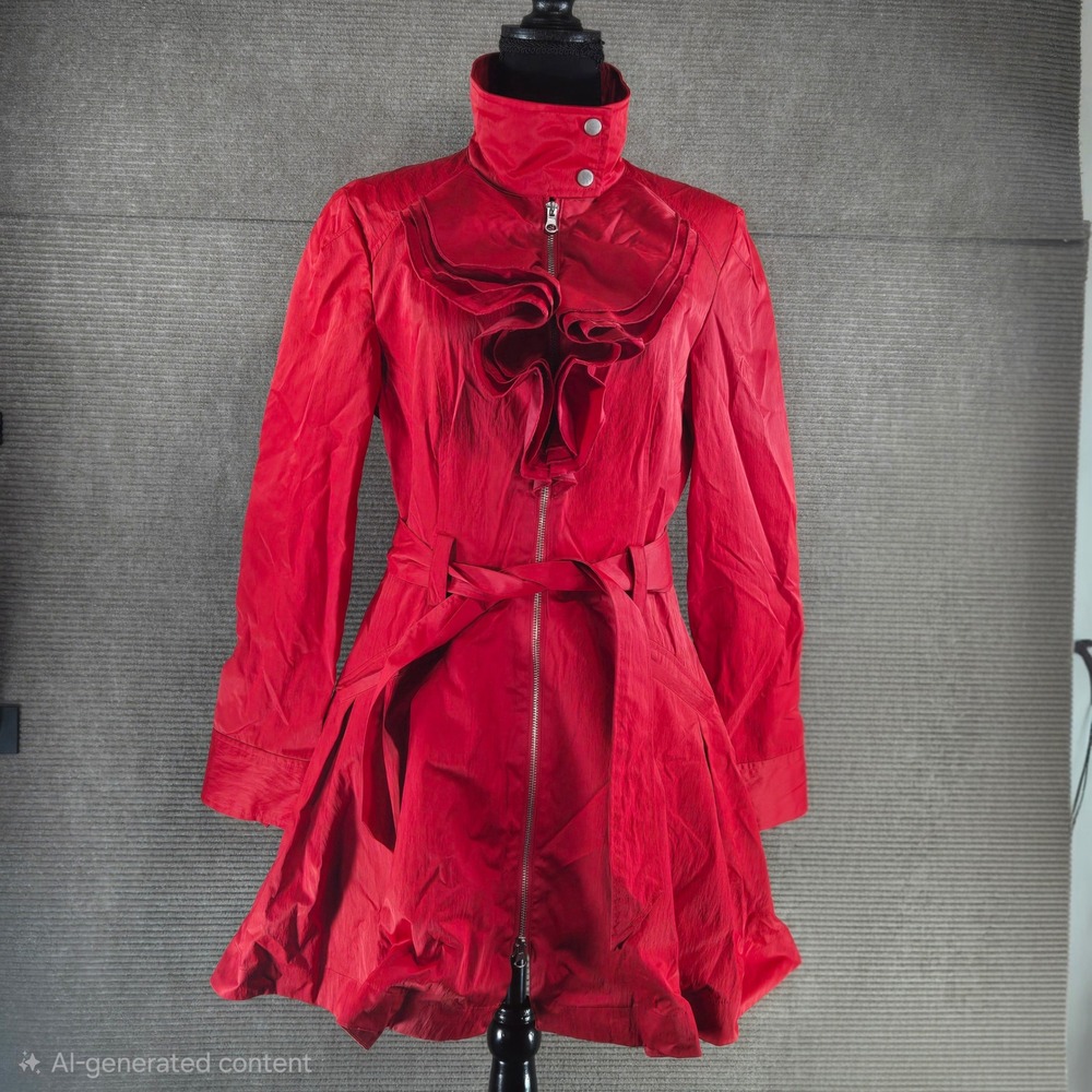 Linea Domani Womens Medium Red Ruffle Front Belted Funnel Neck Zip Jacket 5003
